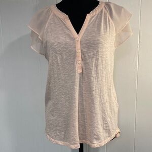 Style & Co Blush Soft Pink Flutter Sleeve Henley Top | Cotton Modal | Size S